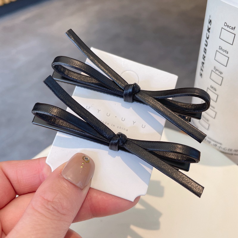 Leather bow hair clips for women, simple ins, black, sweet and cool side clips, bangs clips, side clips, hair accessories and headwear pic 6