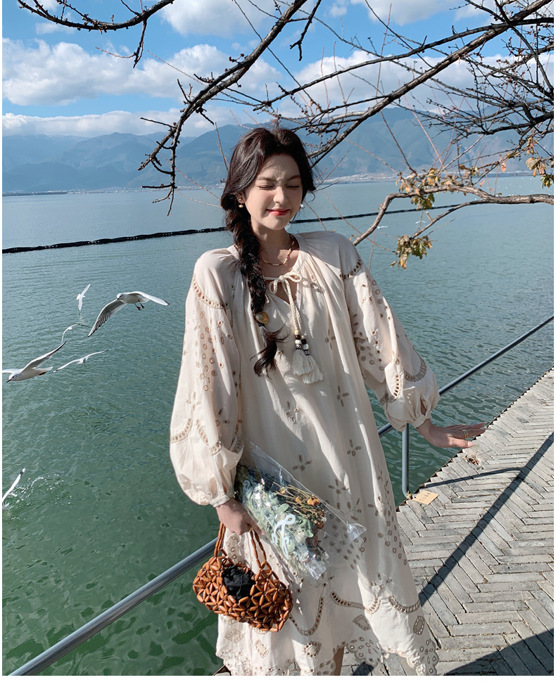 Real photo of a retro, gentle, cut-out embroidered V-neck apricot-colored dress, 2025 new seaside vacation style long-sleeved umbrella dress pic 13