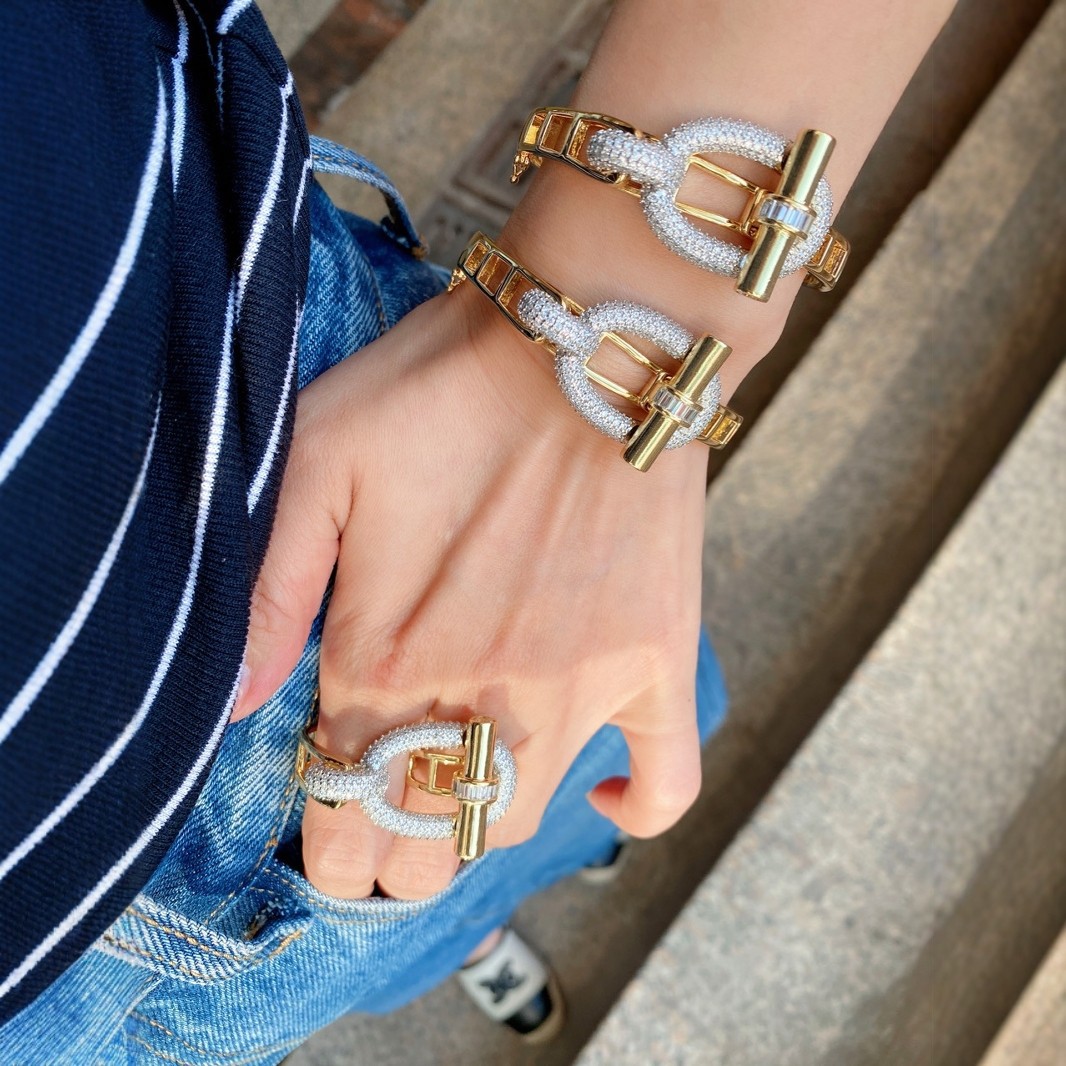 Cross-border new horizontal bar ot series ring and bracelet set, pig nose light luxury copper inlaid zircon bracelet ring pic 2