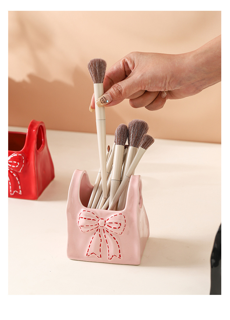 Desktop remote control, makeup brush storage box, creative bow, ceramic pen holder, home organizing stationery storage box pic 11