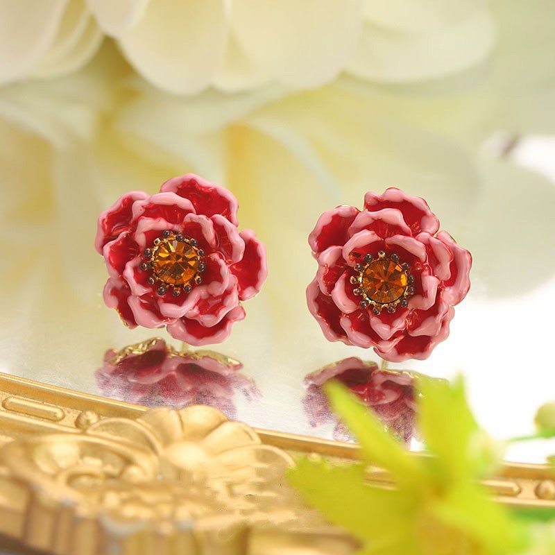 New Chinese-style enamel peach blossom earrings, super ethereal retro forest-themed stud earrings, French exaggerated layering vintage earrings pic 20