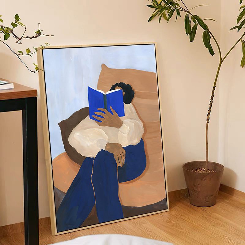 A girl reading a book, Danish design art abstract painting core, Nordic and Japanese wooden style living room and dining room decoration hanging painting pic 12
