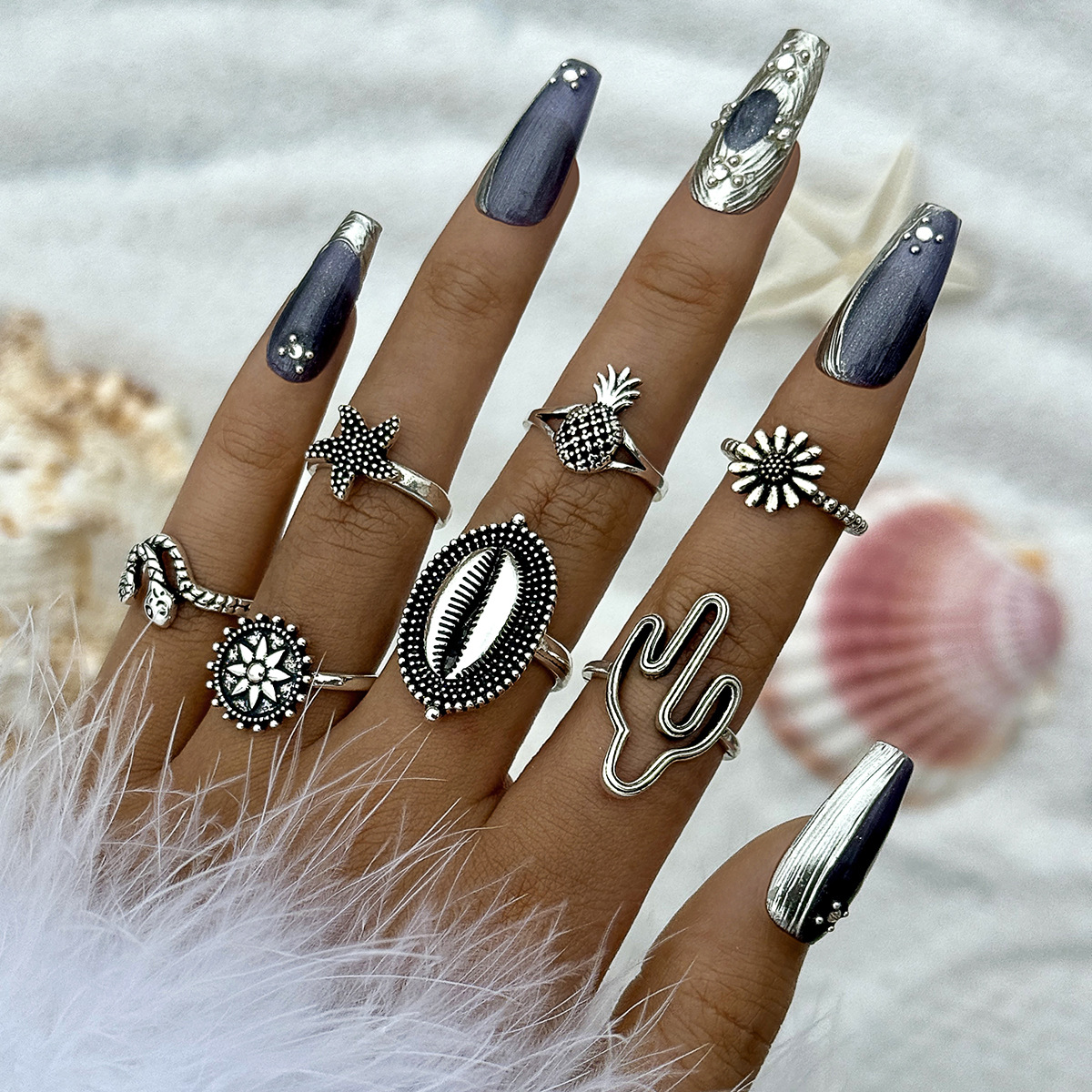 欧美跨境波西米亚海星扇贝戒指 沙滩风椰树蝴蝶雕花复古戒指套装详情10