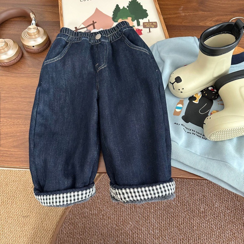 格子边儿童卷边春秋装牛仔裤男童直筒裤子宝宝女童中小童休闲裤潮详情11