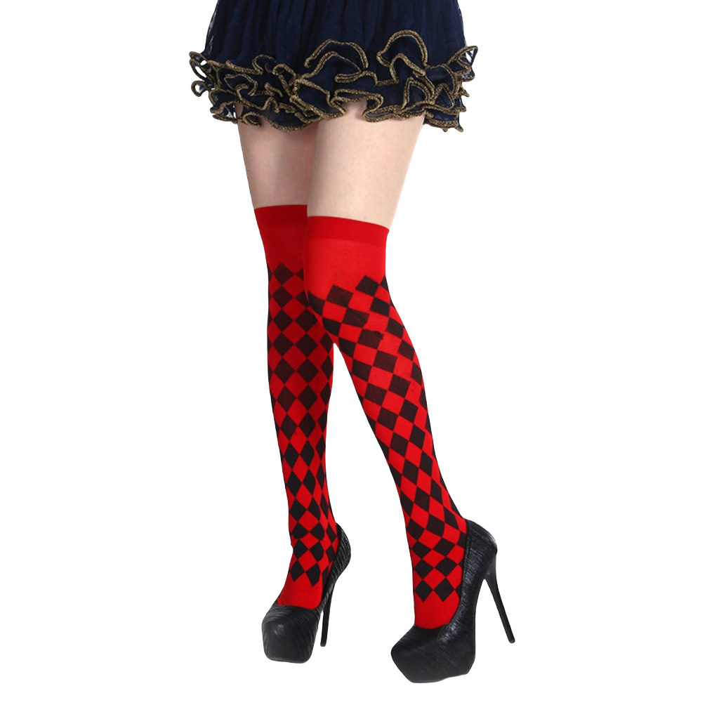 厂家直销万圣节派对丝袜小丑袜扑克花菱格方格圆点印花过膝长筒袜详情4