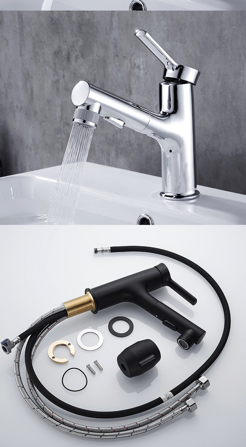 铜面盆抽拉水龙头家用 洗脸洗手盆冷热伸缩抽拉可洗漱烤漆水龙头详情6