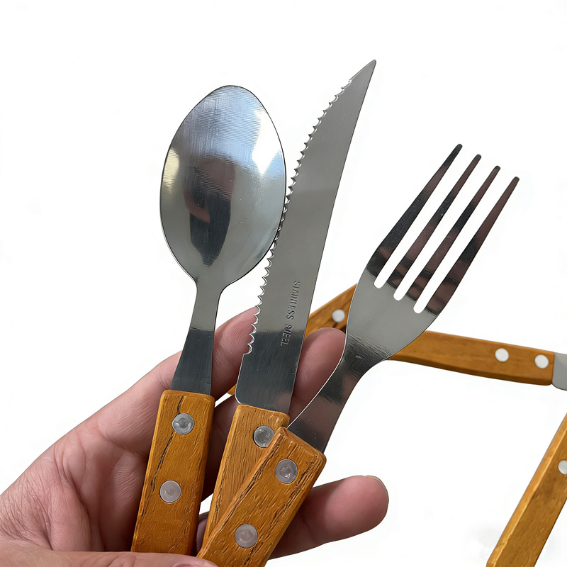 外贸不锈钢西餐刀叉勺6pc套装 木柄牛排刀叉子套装 3pc西餐具批发详情7