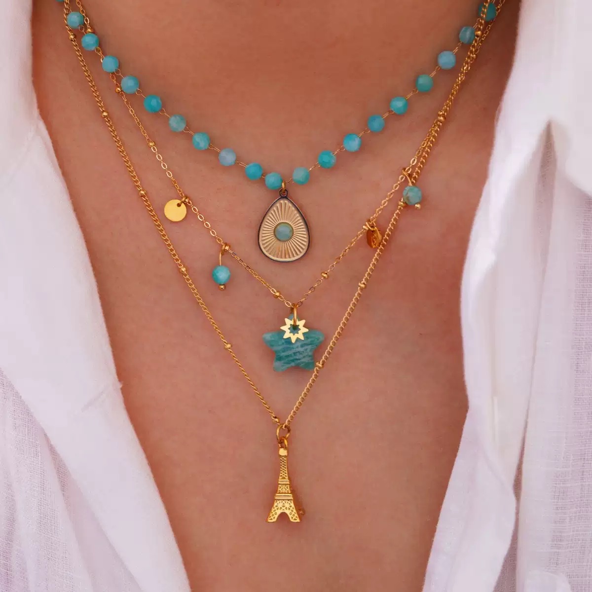 跨境ins时尚轻奢蓝色系列天河石不锈钢14K金项链简约高级手工项链详情13