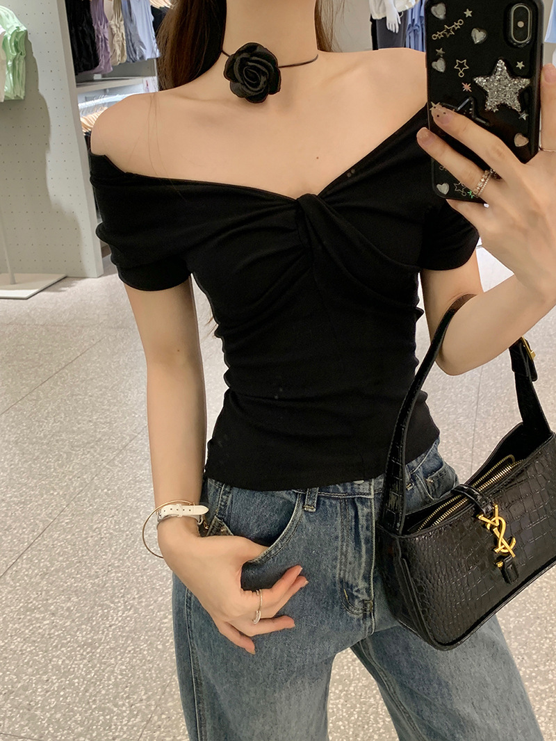 雅姿欣设计感白色短袖T恤两穿修身辣妹百搭显瘦内搭上衣女一字肩详情24