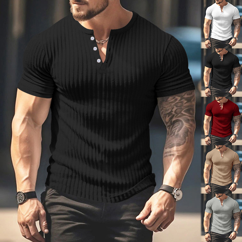 Temu跨境速卖通2025新款男士短袖上衣坑条V领修身短袖亨利T恤衫夏详情6