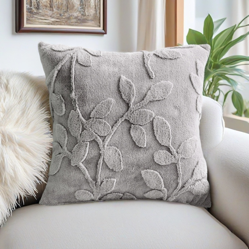 Faux plush jacquard pillow, solid-color simple home sofa pillow cover, three-dimensional leaf pattern living room sofa pillow pic 4