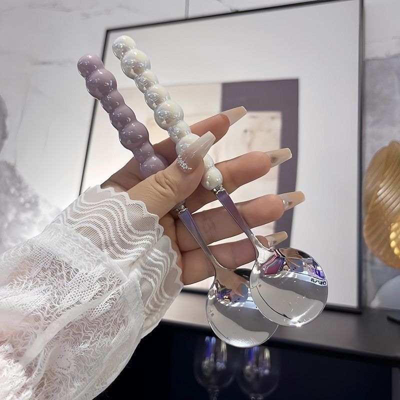 新款珍珠不锈钢勺子陶瓷柄少女心吃饭勺汤勺圆勺可爱勺子ins创意详情6