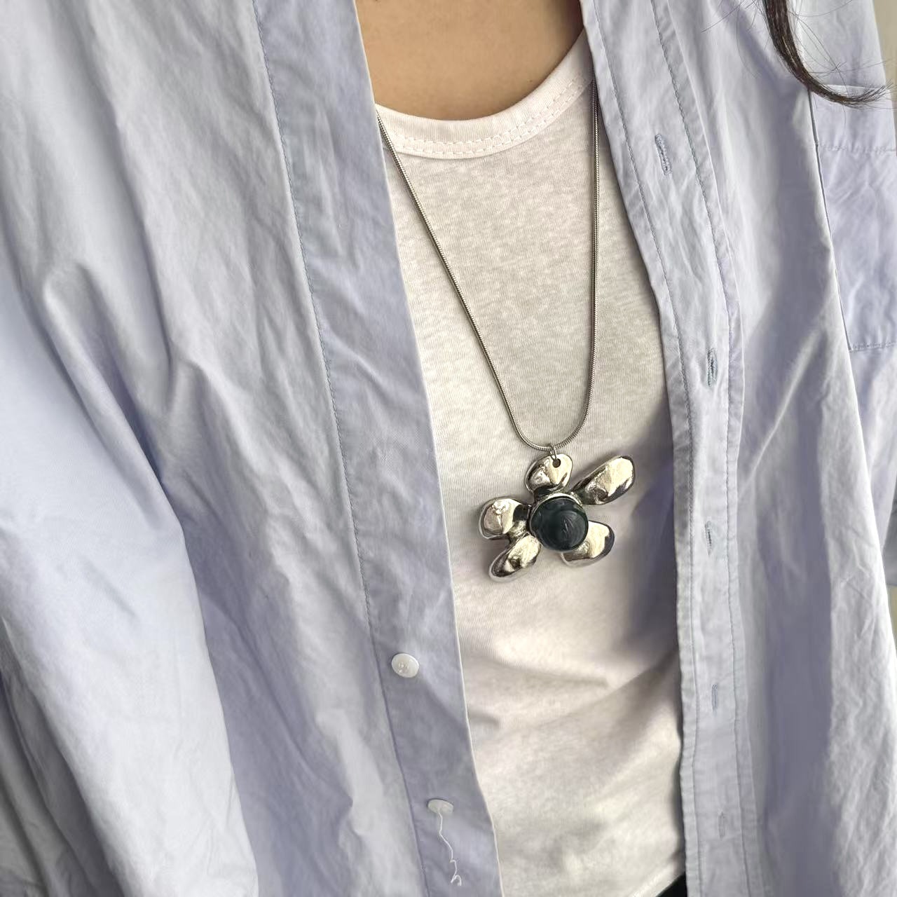 跨境专供亚马逊钛钢项链长款钱袋项链花朵仿古时尚百搭毛衣链项链详情18