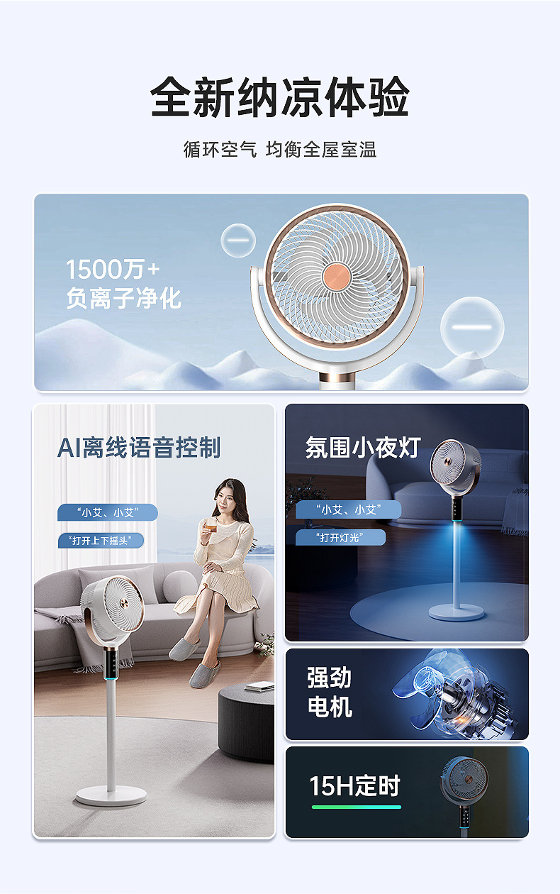 Camel AI intelligent voice touch screen floor-standing circulating fan with remote control automatic headlight negative ion electric fan pic 2