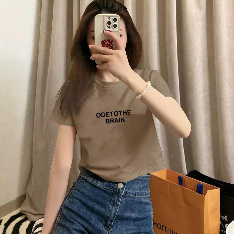 Pure cotton short-sleeved T-shirt for women, new summer style, high-waisted short, spicy girl style, slimming and petite, round-neck base layer pic 34