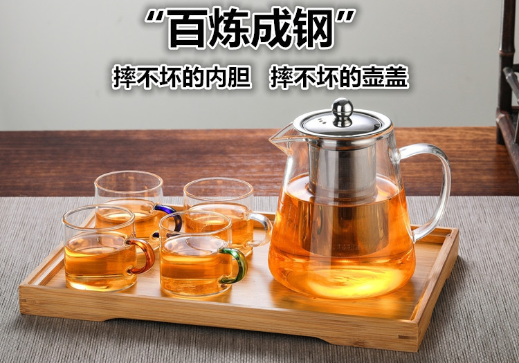 厂家批发高硼硅耐热玻璃茶壶透明功夫茶具泡茶壶不锈钢过滤花茶壶详情1