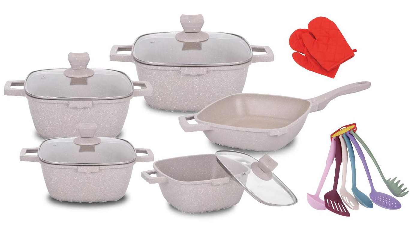 cookware Set 17-piece Square soup pot set, Marble smoke-free aluminum pot set, Gift pot, Non-stick pot pic 1