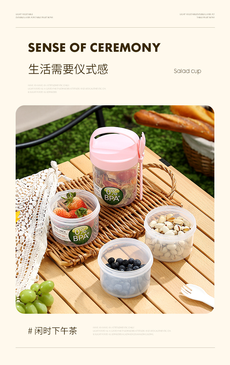 Creative double-layer circular sealed food storage box, breakfast fruit takeout microwave plastic lunch box with tableware storage box pic 7