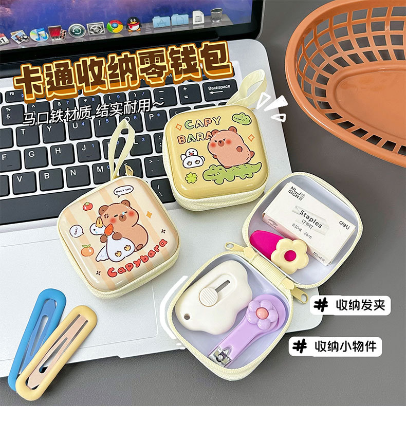 Tinplate coin purse, Capibara mini coin bag, portable earphone case, cute capybara coin key case pic 2