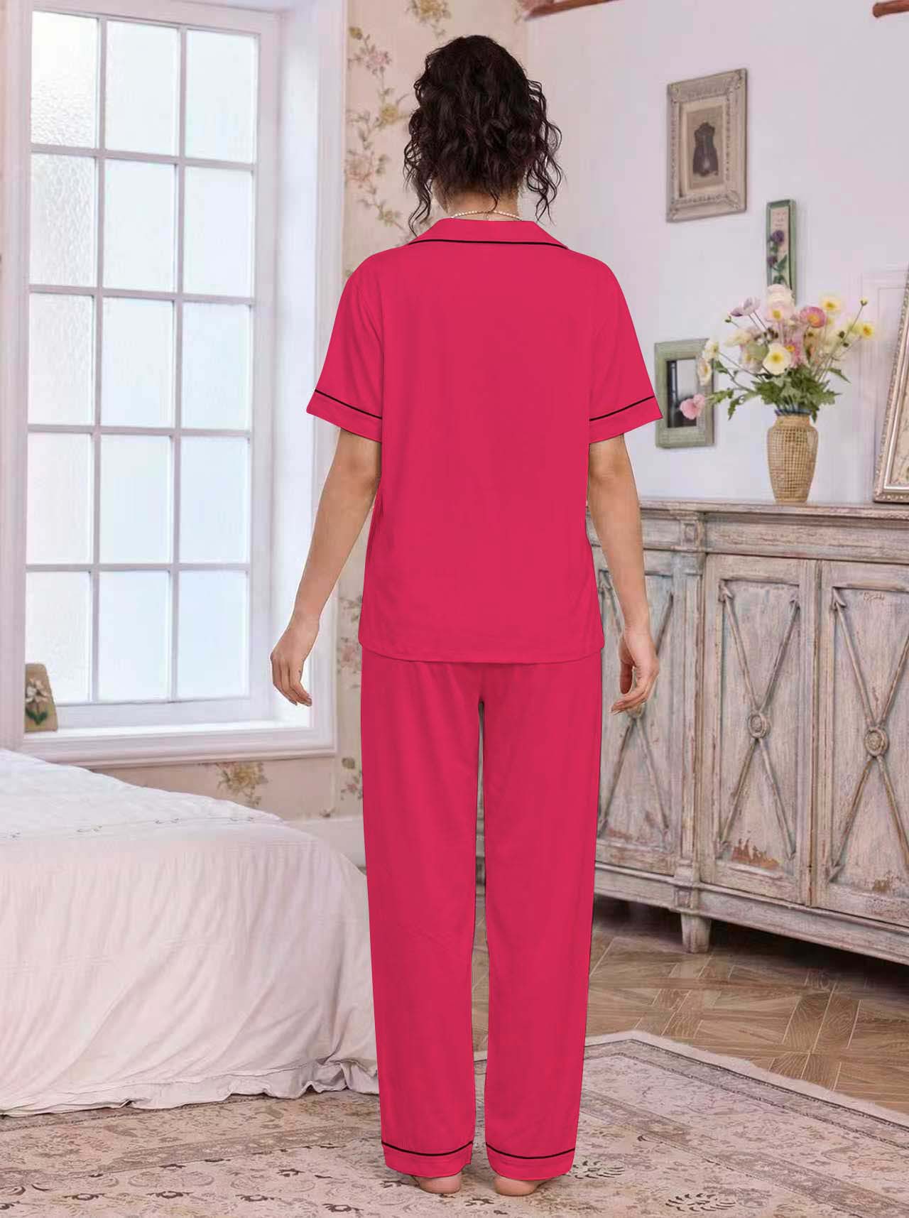 亚马逊欧美家居服套装翻领开衫短袖长裤爱心绣花睡衣女外贸独立站详情31