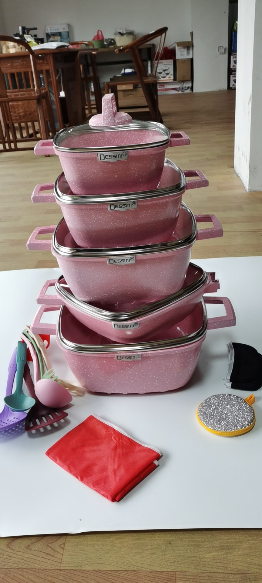 dessini25件套不粘锅方形条纹压铸铝锅麦饭石锅厨房组合锅具套装详情5