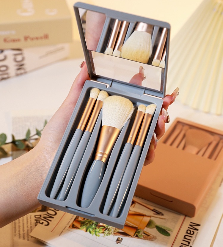 New skylight 5-piece mirror box mini portable loose powder multi-functional makeup set brush with mirror beauty set brush, eyeshadow brush, loose powder brush, foundation brush and setting brush pic 3