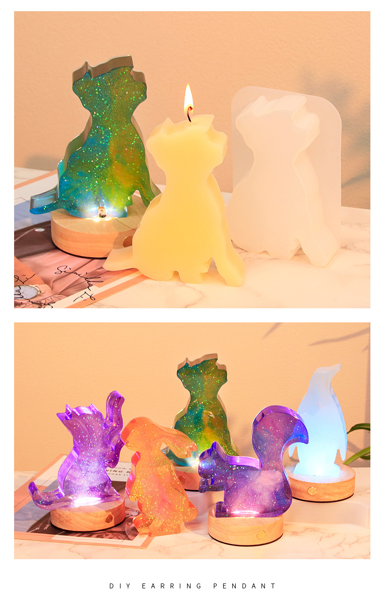 diy silicone mold for animal scented candles with resin coating, puppy, rabbit, kitten and squirrel, gypsum display stand mold pic 7