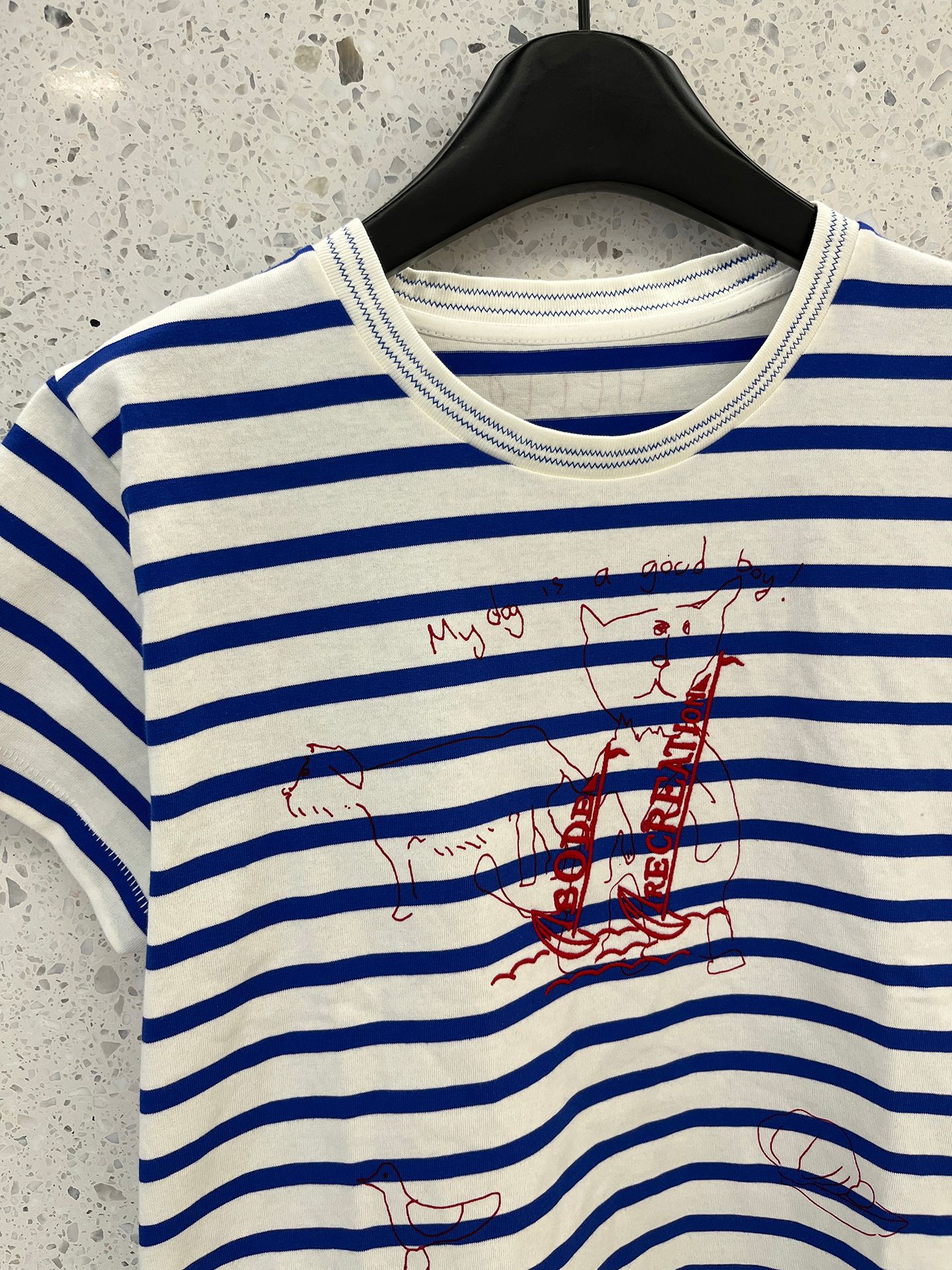 A short striped short-sleeved T-shirt with hand-painted dog letter prints for girls pic 3