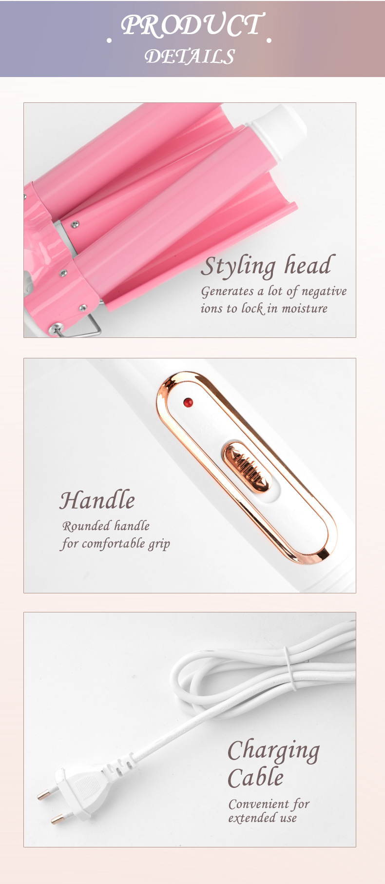 廠家直銷電動卷發(fā)棒家用蛋卷棒夾板金色三棒卷發(fā)器大波浪電卷棒詳情11