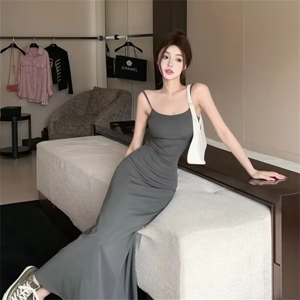 2025夏季辣妹弹力吊带连衣裙子女无袖露肩收腰显瘦一字肩打底长裙详情17