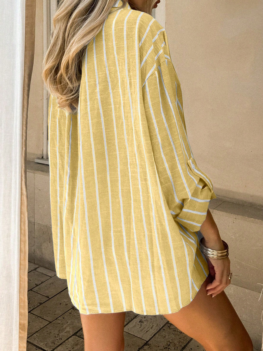 跨境亚马逊欧美条纹衬衫女2025新款气质百搭长袖衬衣开衫宽松女装详情13