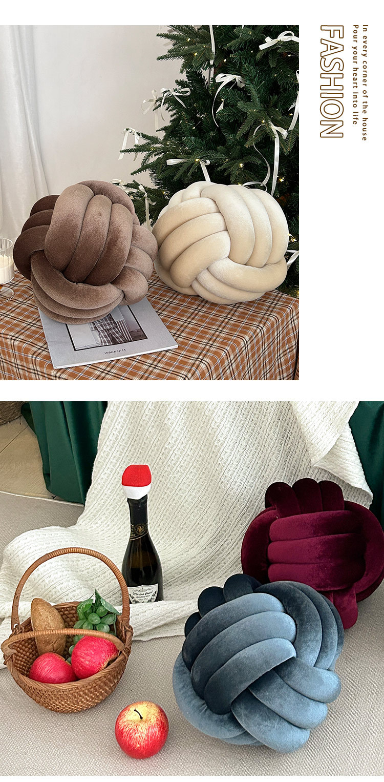 北欧ins抱枕三股绳打结球抱枕手工编织金丝绒靠枕靠垫knot飘窗垫详情5