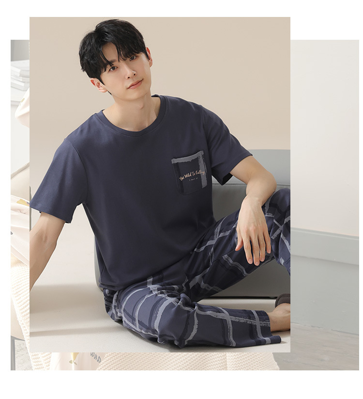 Summer pure cotton pajamas for men, cartoon casual short-sleeved shirts and long pants, pure cotton comfortable home wear, summer youth student set pic 41