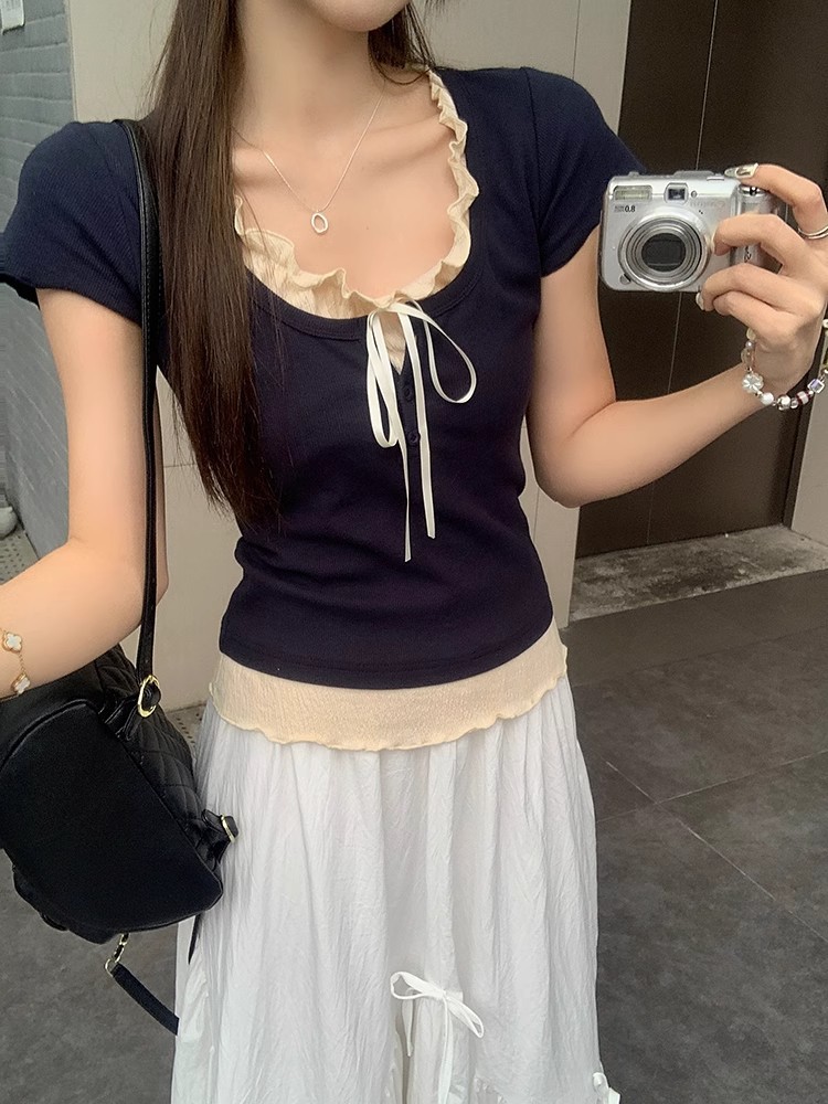 2025夏季新款芭蕾风假两件正肩短袖t恤女修身显瘦bm短款上衣详情3