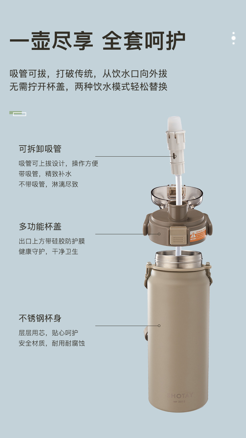 The Shangtai large-capacity insulated kettle with a strap for travel can be carried or carried on the back. It is a 316L inner liner with a straw and is suitable for both men and women pic 6