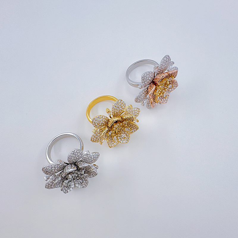 Bergamota cross border split color flor full diamond anillo mujer francés ins viento frío anillo DIY holder vacío handwear pic 6