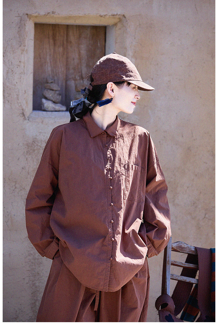 New autumn and winter style, artistic and retro original hazelnut red-brown cotton casual top, high-density, slightly elastic loose shirt for women pic 4