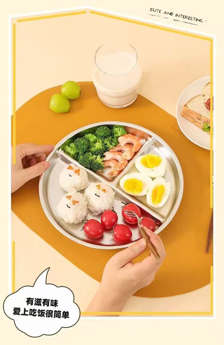 跨境不锈钢分格餐盘学生儿童饮食均衡盘大人减脂盘三格圆盘不串味详情10