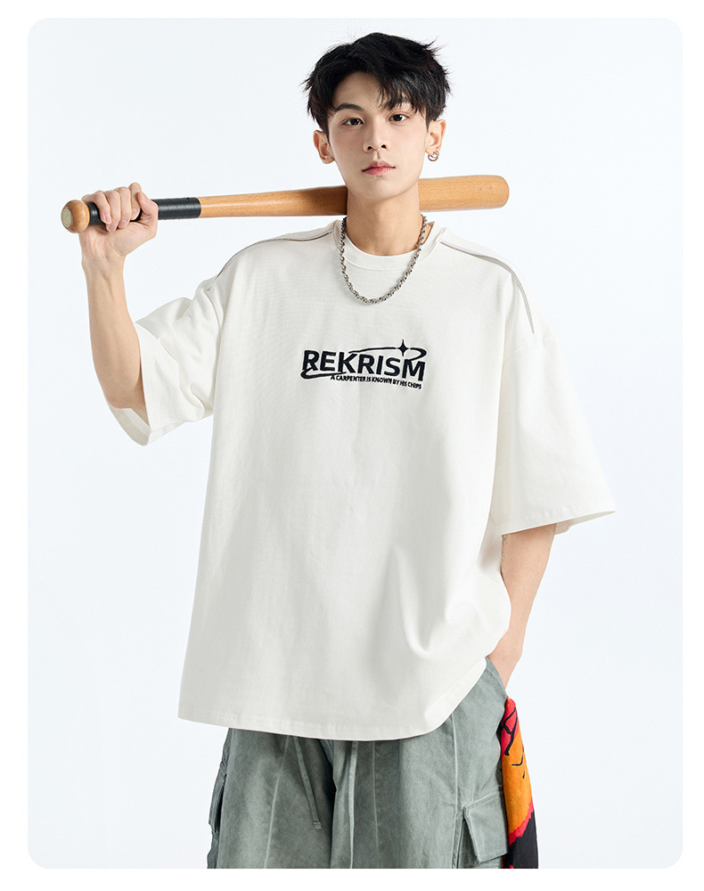 Heavy cotton short-sleeved T-shirt for men, Spring/Summer 2025, American letter print zipper design, loose and versatile base layer pic 8