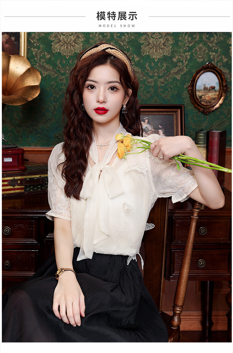 2024年夏季女装高级感蕾丝雪纺衬衫女设计感小众别致蝴蝶结衬衣详情13