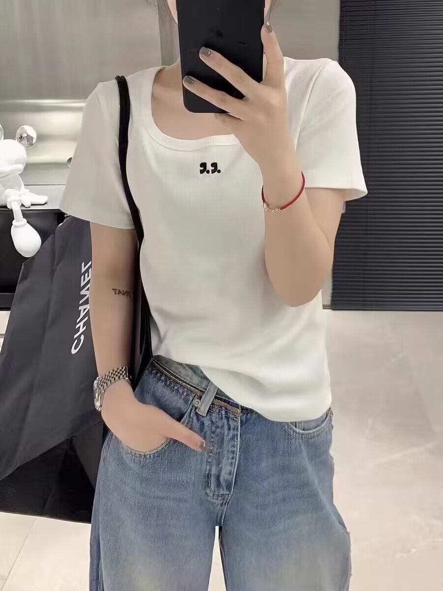 短袖t恤女2024夏季新款螺纹正肩设计感小众刺绣内搭洋气打底半袖详情2