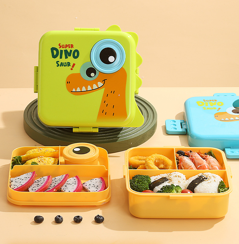 Dinosaur sauce cup lunch box, plastic PP microwave heating tape rice box, double-layer separated salad lunch box wholesale pic 7
