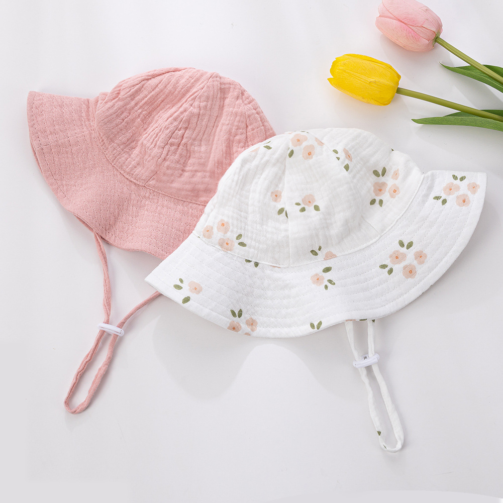 新款婴幼儿纯棉渔夫帽 纯色双层透气纱布遮阳帽可调节绳结渔天帽详情5