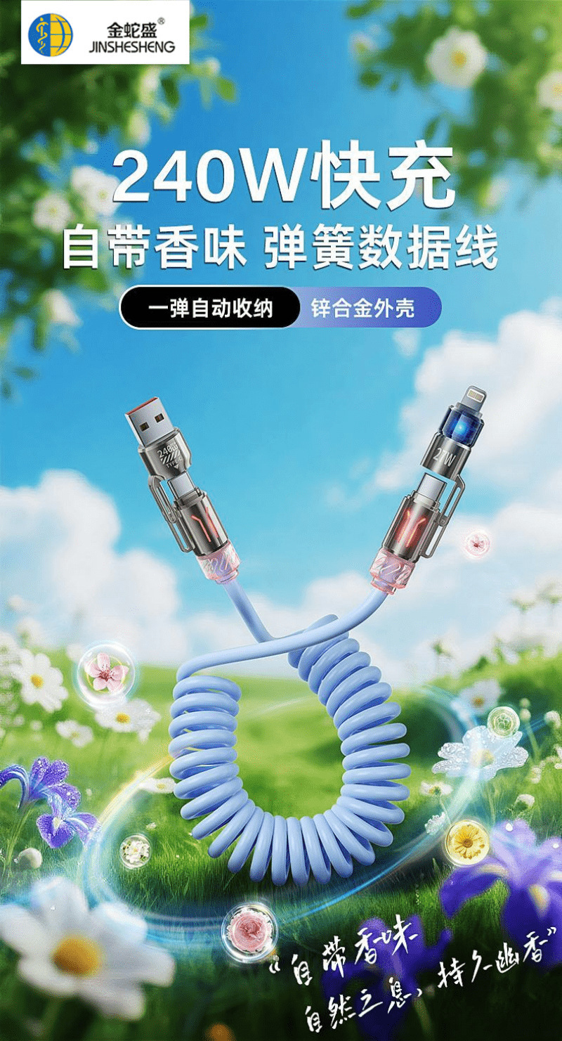 跨境新款240w四合一弹簧快充线2米长车载香薰数据线苹果安卓适用详情4