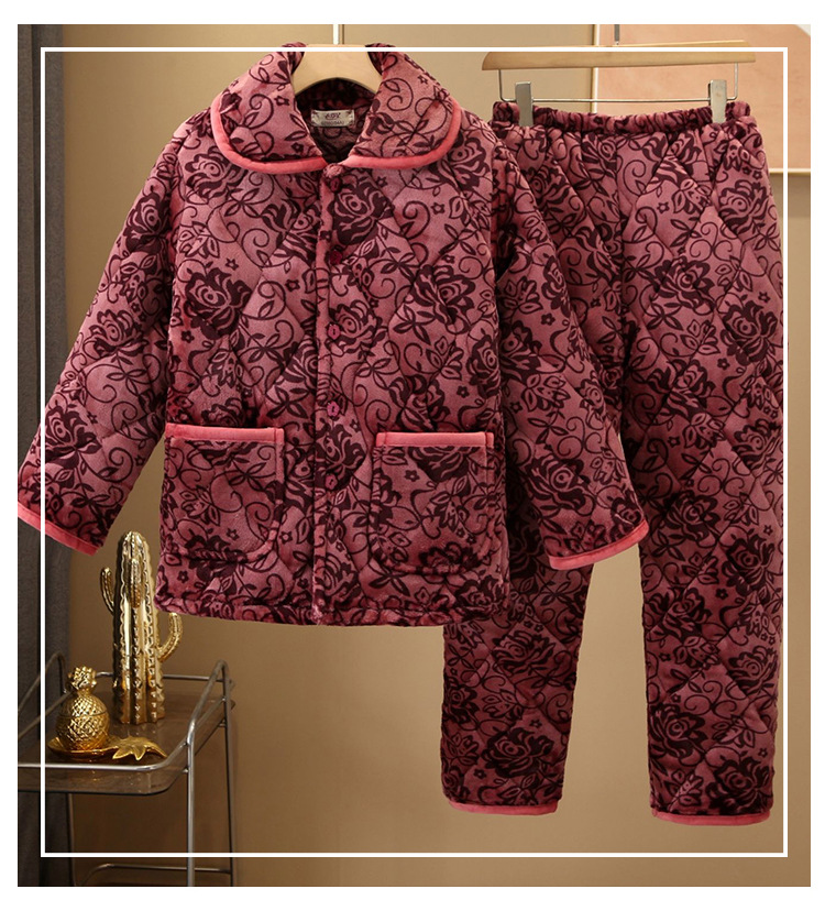 中老年妈妈冬季睡衣女三层加绒加厚夹棉珊瑚绒保暖家居服外穿套装详情23