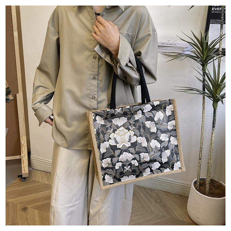 韩版文艺女包新款潮高颜值大容量棉麻时尚上班通勤手提袋便当包包详情30