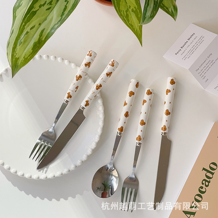 ins风博主同款日韩棋盘格刀叉勺子西餐甜品餐具套装牛排刀不锈钢详情11