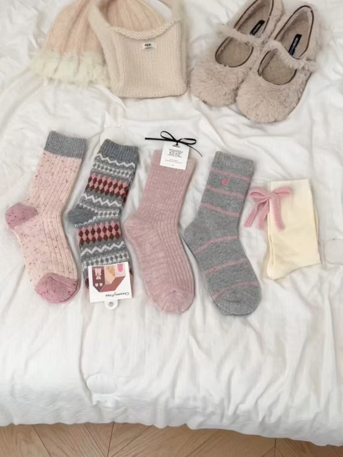 粉色系列暖秋袜子女中筒袜森系氛围感少女jk蝴蝶结百搭校园堆堆袜详情2