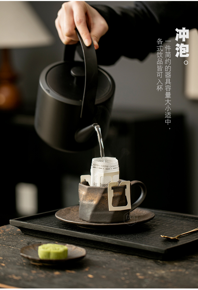 复古鎏金咖啡杯碟套装创意粗陶拉花杯子家用高档精致马克杯早餐杯详情4