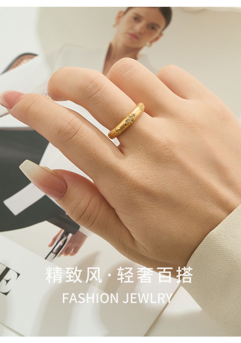 Retro court-style gold brushed petal open ring, copper alloy real gold electroplated with zircon adjustable ring pic 11